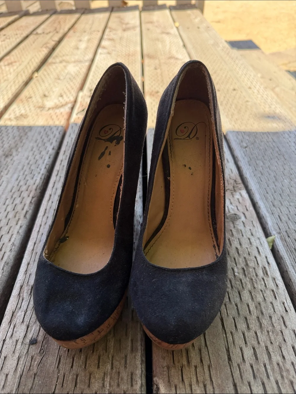 Black Suede Cork Wedge Pumps